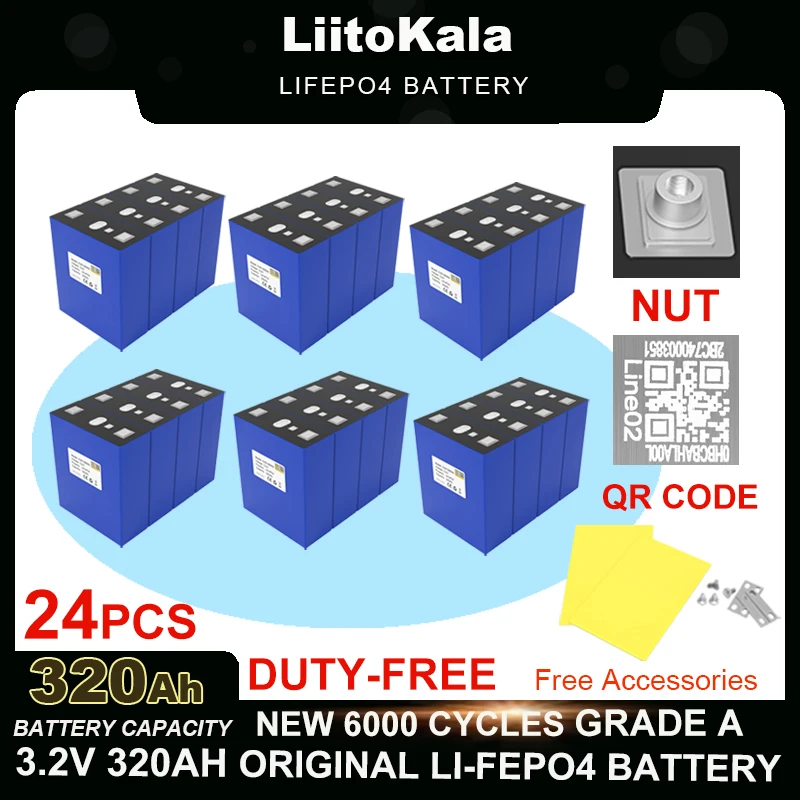 24pcs LiitoKala 3.2V 320Ah Lifepo4 Rechargeable Battery Lithium Iron Phosphate 12v 24v Travel Solar RV Campers batteries Grade A