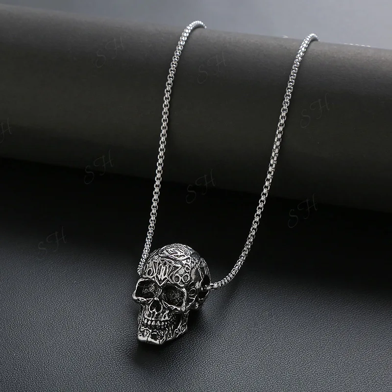 Gothic Pattern Skull Ghost Head Pendant Necklace Men's Punk Trend Alternative Halloween Jewelry