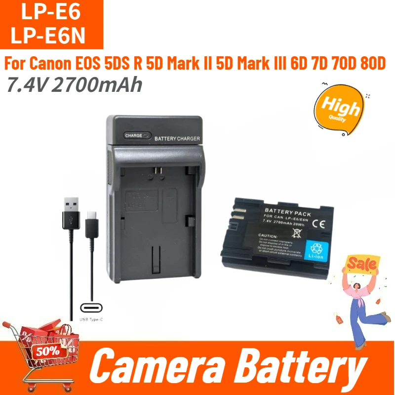 High Quality LP-E6 LP-E6N 7.4V 2700mAh Camera Battery + Charger For Canon EOS 5DS R 5D Mark II 5D Mark III 6D 7D 70D 80D New