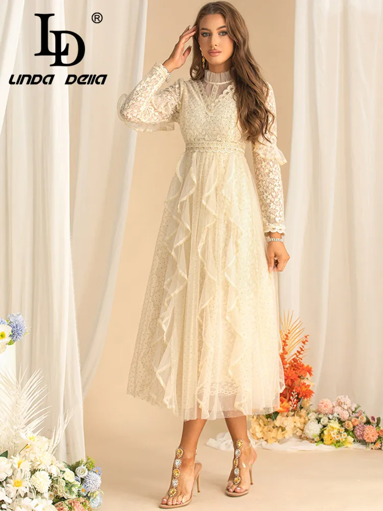 

LD LINDA DELLA Women's Elegant Ball Gown Dress Lace Splicing Flounced Edge Autumn and Winter Long-Sleeve Evening Dresses