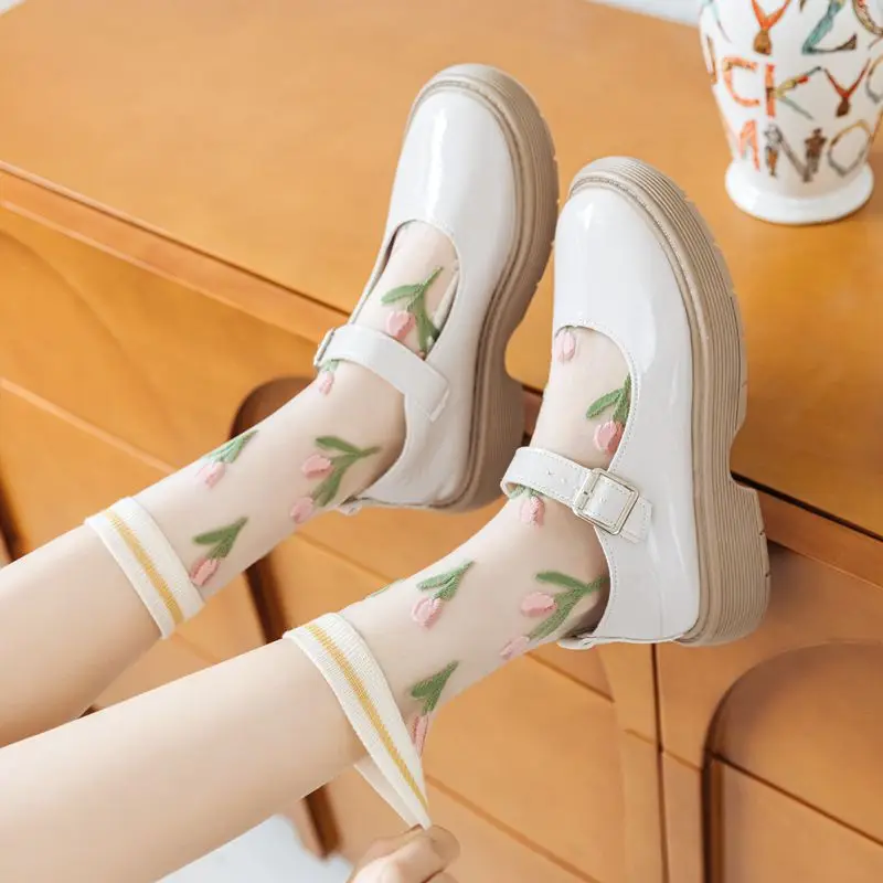 Fashion Summer Ultra-thin Transparent Crystal Silk Women Socks Harajuku Crew Socks Retro Flower Streetwear Elastic Long Socks