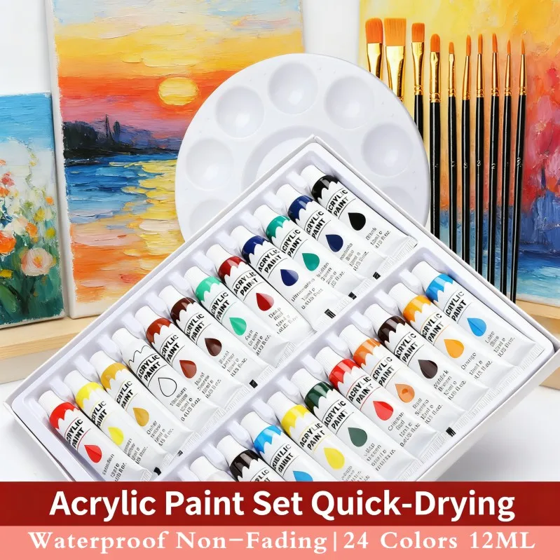 Bestselling Acrylic Paint Set, Fast-drying, High-pigment & Waterproof Paints, Comes with Brushes and Palette, for Rock & Canvas Hand Painting, DIY Art Gift Box