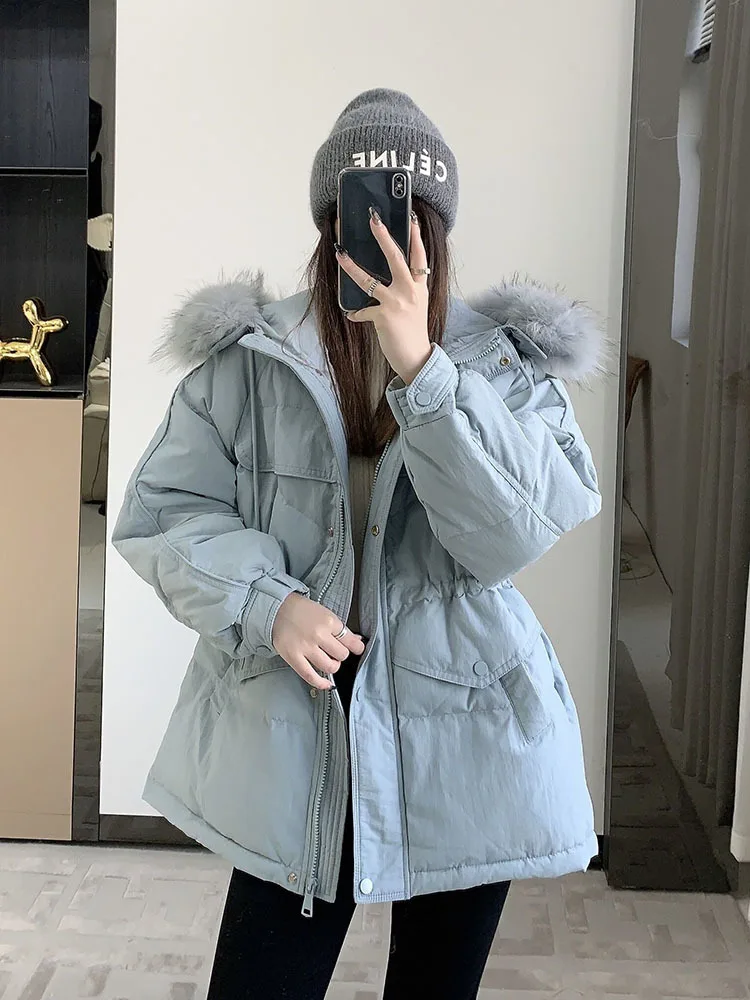 

2023 Real Raccoon Fur Collar New Winter Women Pocket 90% White Duck Down Jacket Female Thick Warm Parka Loose Outerwear