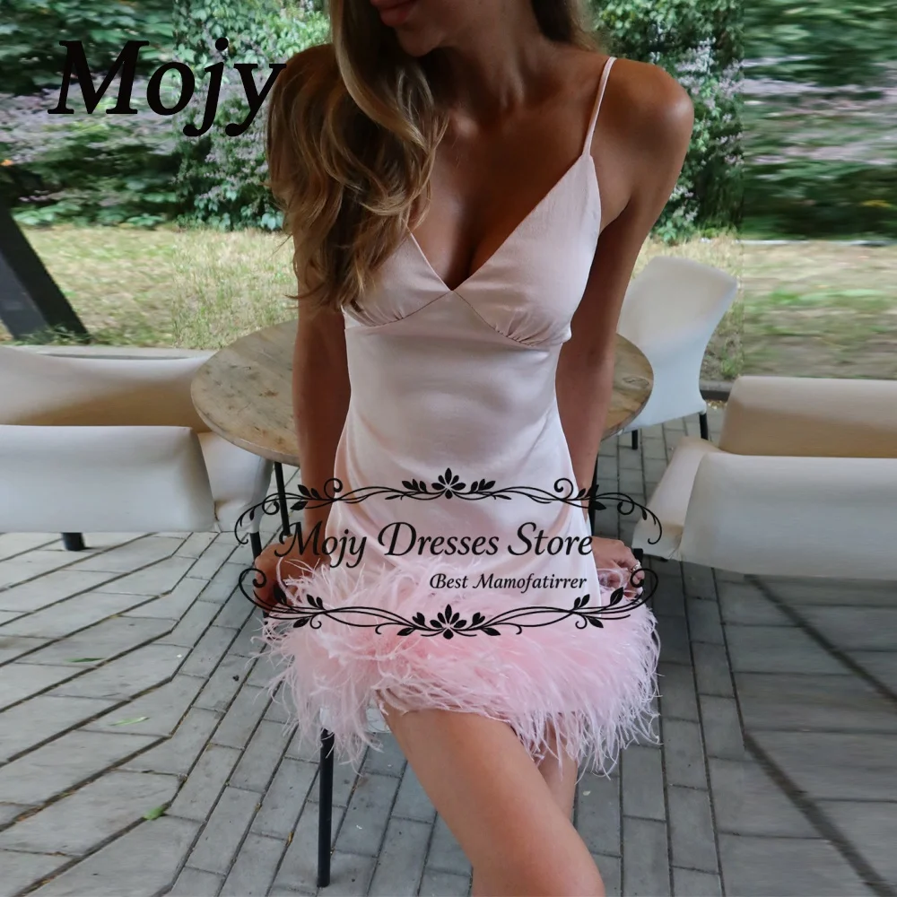 Mojy 2026 Romantic Blush Pink Cocktail Dresses for Women Satin Mini Formal Prom Dresses Spaghetti Strap Bow V Neck Feather