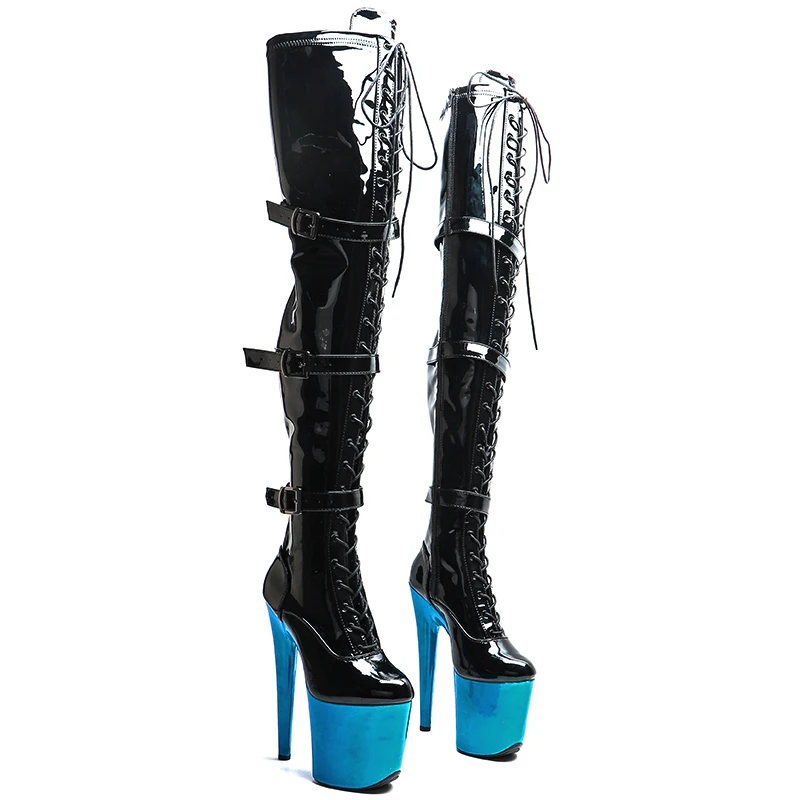 

Leecabe 20CM/8inches Shiny patent black with blue PU Trend fashion High Heel platform stripper heel Pole Dance boots