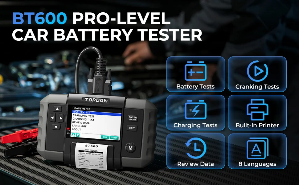 TOPDON BT600 12V 24V Car Battery Tester Lead Acid Vehicle Automotive Analyzer with Bulit-In Thermal Printer Car Battery Tool