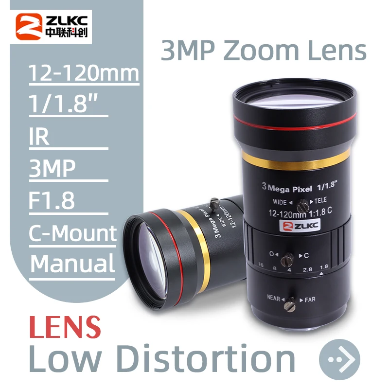 Obiektyw ZLKC 3 Megapiksele 12-120mm Zmiennoogniskowy CCTV Manualna Przysłona F1.8 Mocowanie C 1/1.8 Cala Do Kamer IP Obiektyw o Niskim Zniekształceniu FA 3MP Zoom