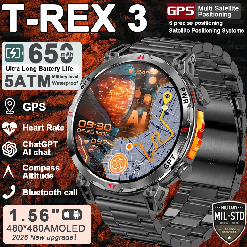2025 NEW Popular Military GPS Smart Watch Men 1.56-inch AMOLED Screen 650mAh Wireless Call Compass 10ATM Waterproof Smartwatch