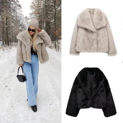 TRA&F 2024 Woman Autumn Winter Faux Fur Coat Plush Fluffy Women's Jacket New in Outerwears Gray Black Wool Blends Women Coat