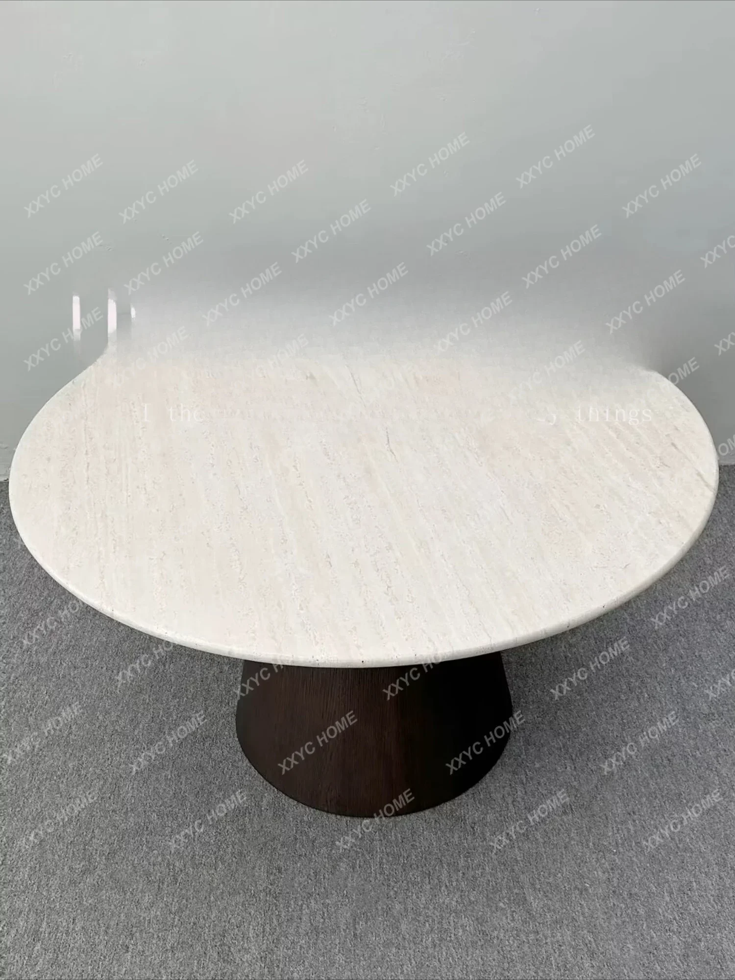 Medieval natural marble retro round dining table walnut foot small apartment travertine eating table