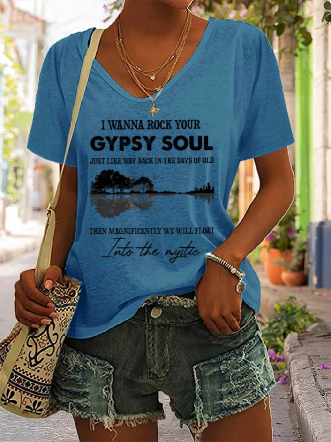 Ladies Hippie Guitar Lake Shadow Print T-Shirts Summer V Neck T Shirt Short Sleeve Casual Tops