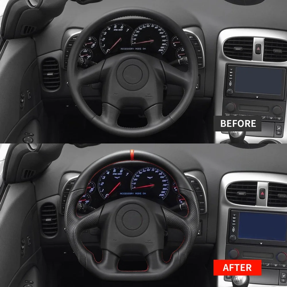 Full Leather Flat Bottom Steering Wheel With Red Top Stripe Finger Grips Fit For Chevrolet Corvette C5 Racing Car Accessories