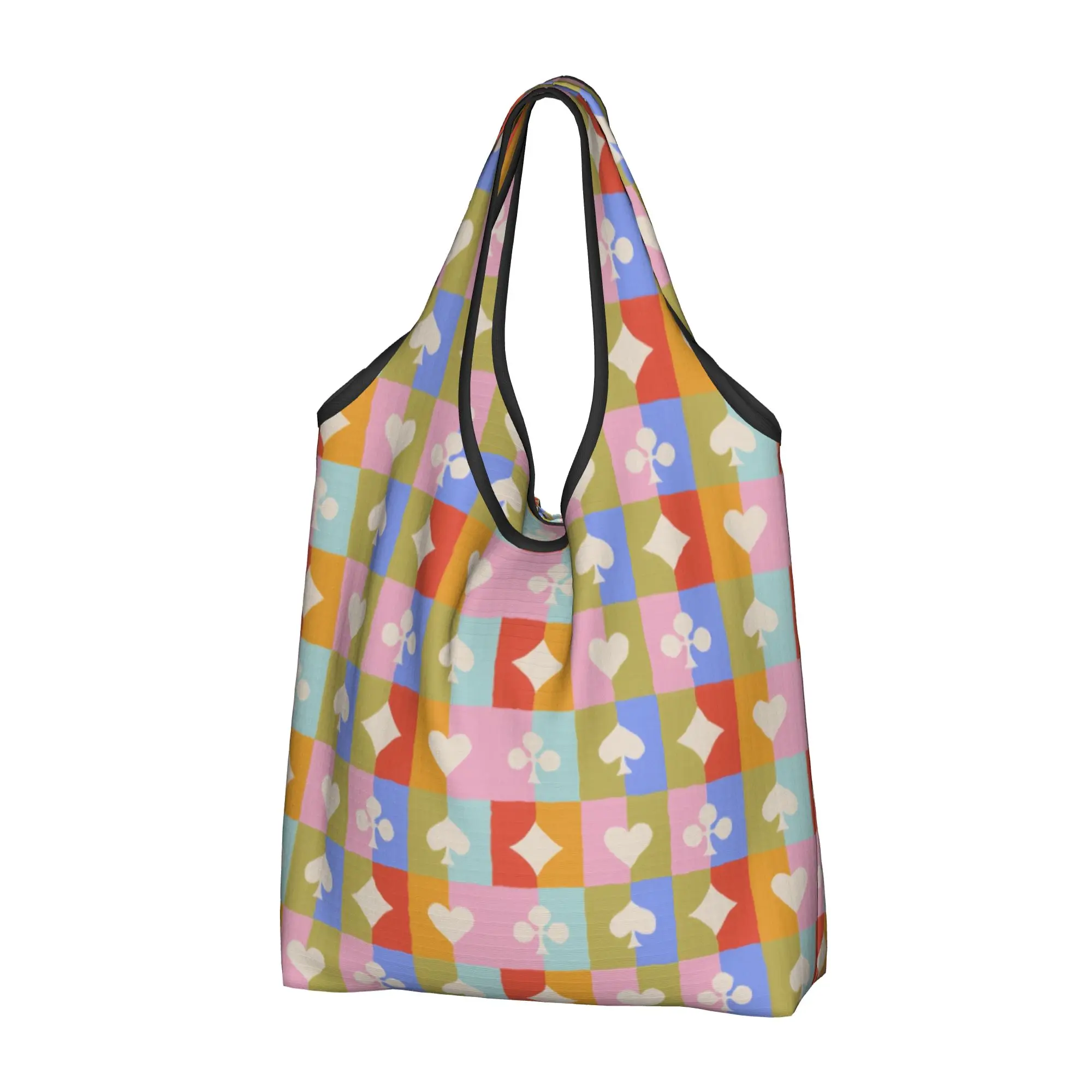 Playing Heart Spade Diamond Club Grocery Shopping Bags Cute Shopper Shoulder Tote Bags Portable Checkered Plaid  Handbag