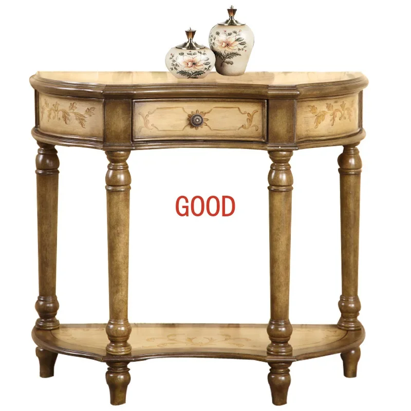 to Semicircle Console Tables Retro Painted Foyer Pastoral Curio Cabinet Classical Yellow