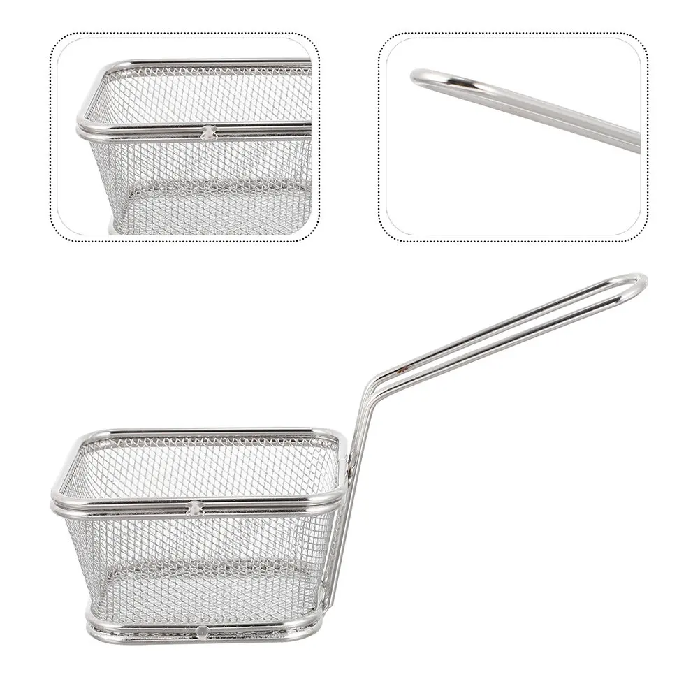 Cesta de acero inoxidable reutilizable para freír, herramienta plateada para drenar aceite, para patatas, aros de calamar, patatas fritas y preparación de aperitivos
