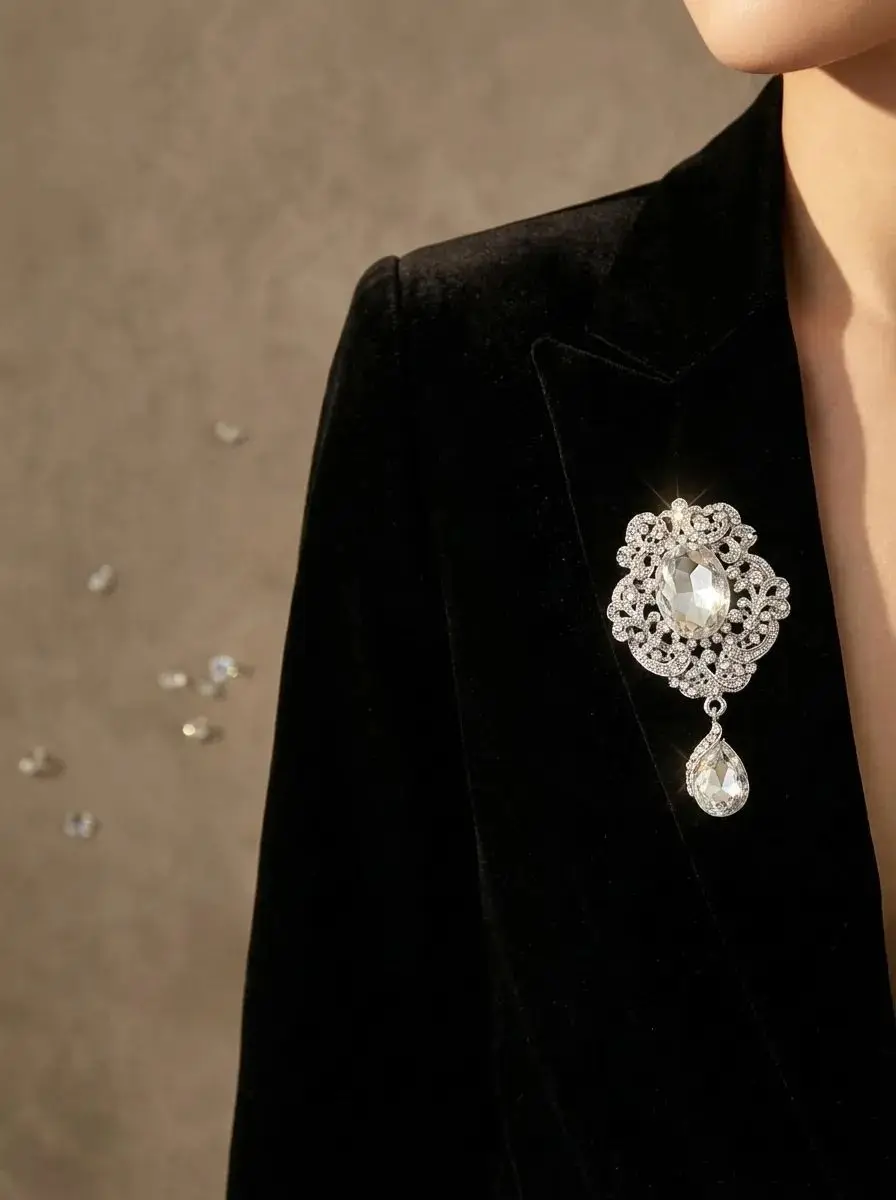 British Stylish Geometric Zircon Water Drop Brooches For Women Men Trendy Glass Crystal Pins Jewelry Unisex Gift Party Accessory