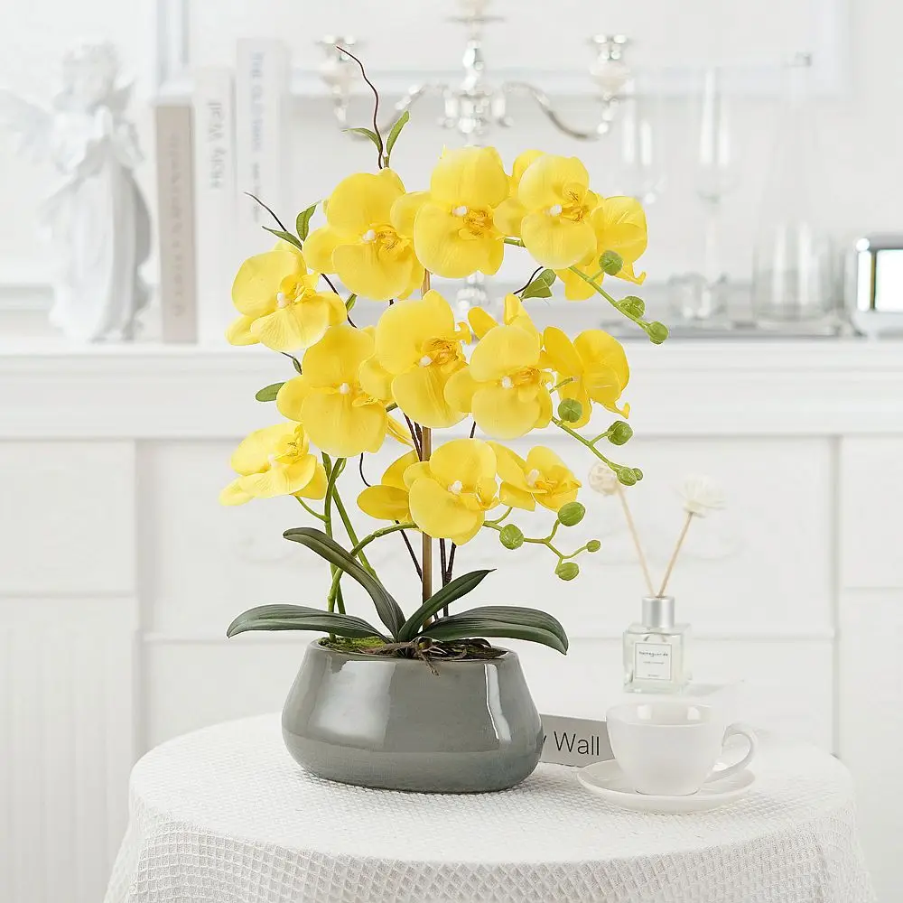 

HLZ Phalaenopsis Artificial Flower Potted Orchid Set High-end Living Room Decoration Entrance Ceramic Flower Pot Ornament