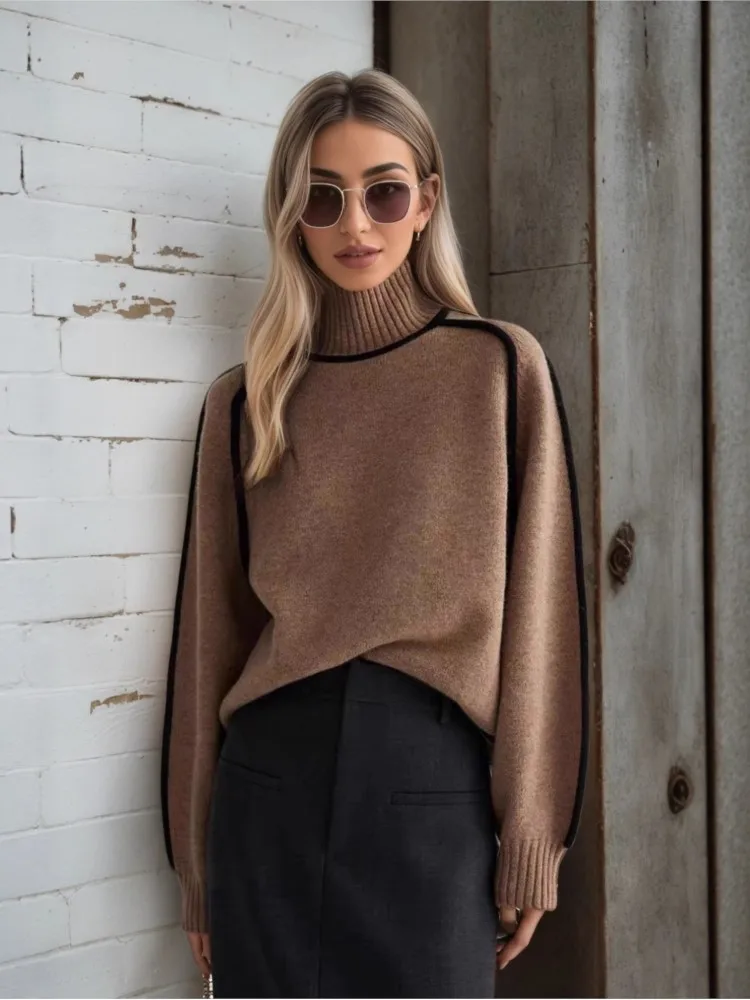 Einfarbig Rollkragenpullover frau Herbst Winter Lässige Mode Spleißen Lose Gestrickte Pullover Damen Warme Büro Pullover