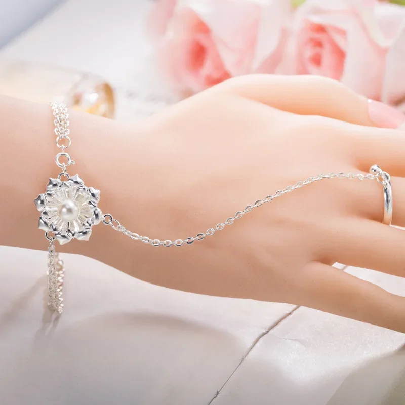 INS Flower Lotus Bracelet Women's Ring Integrated Jewelry Ring Chain Y2K Sweet Fresh Girl's Best Friend Birthday Jewelry Gift