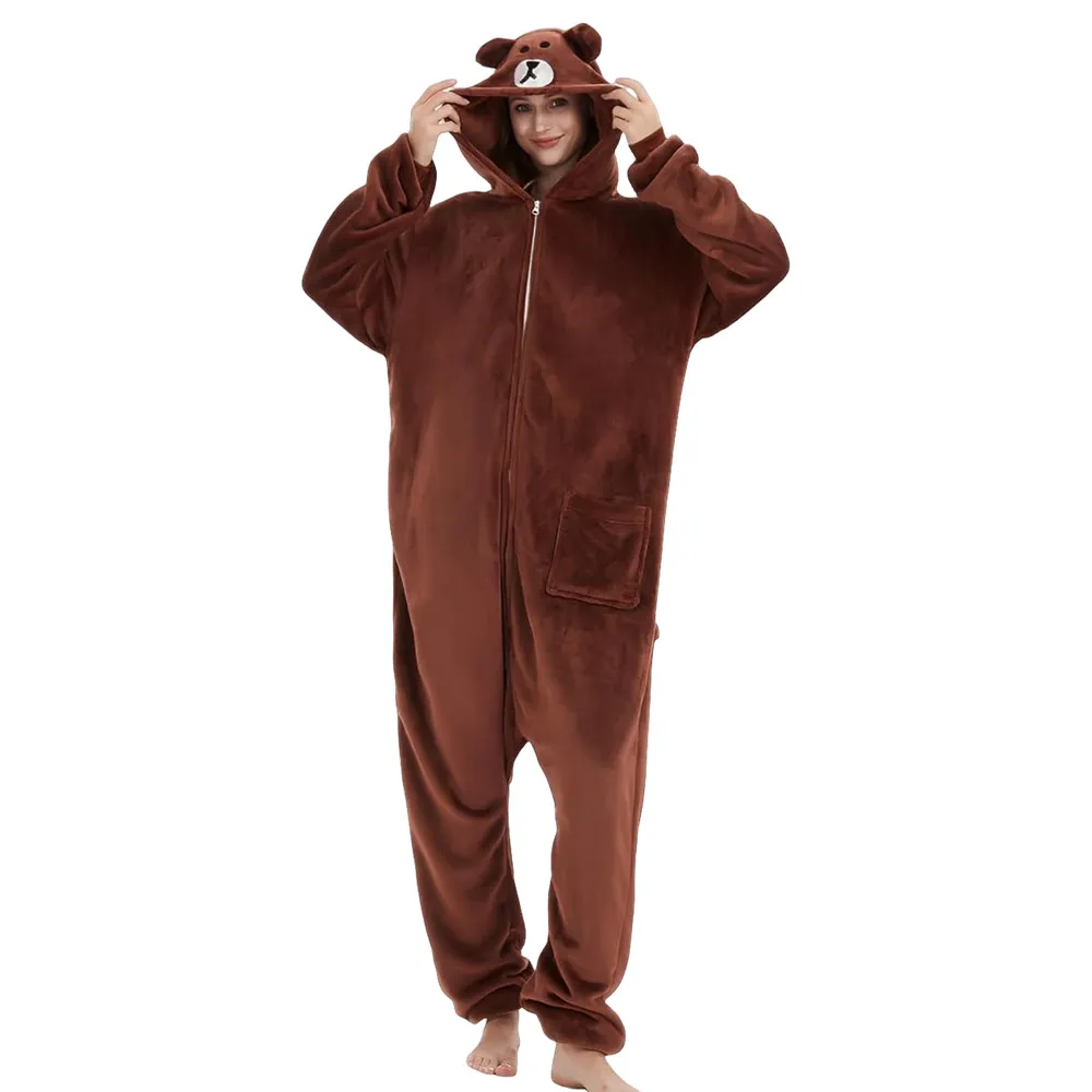 Coffee Bear Onesie Adults Kigurumi Animal Kigu Halloween Carnival Party Clothing Cosplay Costumes Flannel Fabric Zipper Closure