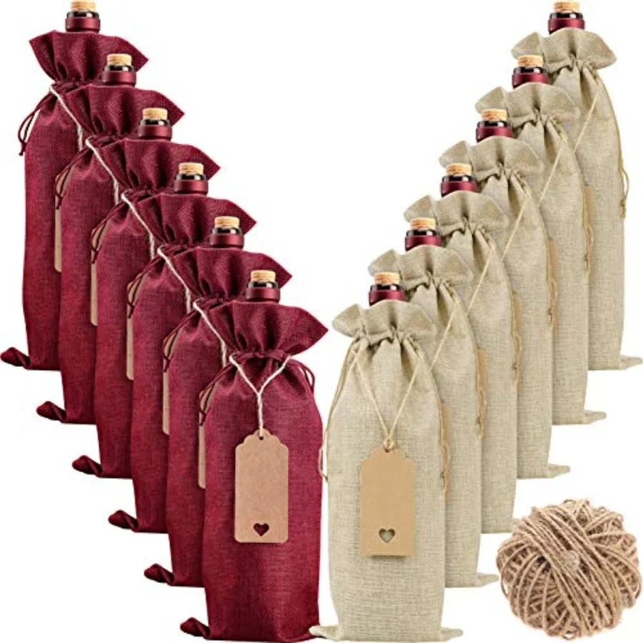 

Burlap Wine Bags Christmas Gift Bags, 12 Pcs Wine Bottle Covers with Drawstrings, Tags and Ropes, Reusable and Ideal for Christ