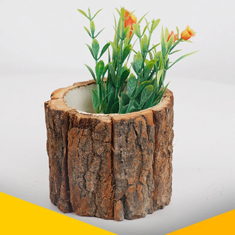 Resin Imitation Wood Plant Pot Vintage Round Decorative Style Flowerpot Fake Tree Bark Plants Creative Container