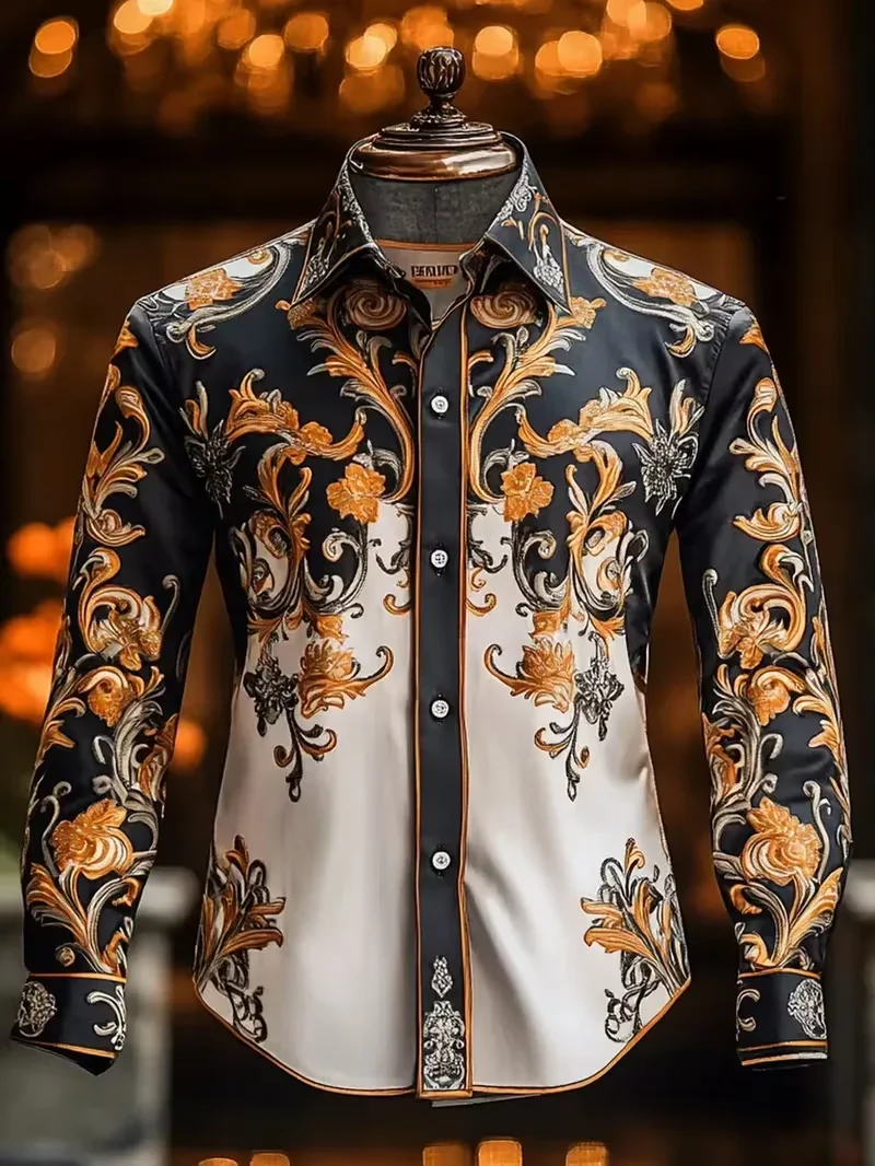 Men's Long Sleeve Shirt Purple Gold Phoenix National Style Curly Grass 3D Print Smooth High Gloss Collar Top