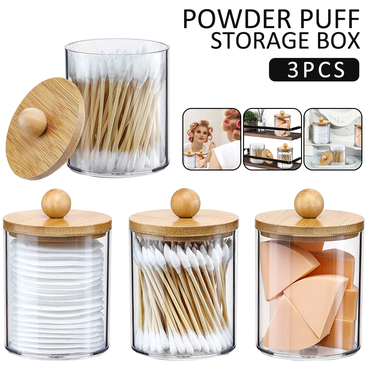 3Pcs Acrylic Cotton Swab Storage Box Qtip Dispenser With Wood Trays Transparent Bathroom Jar Makeup Organizer Holder New