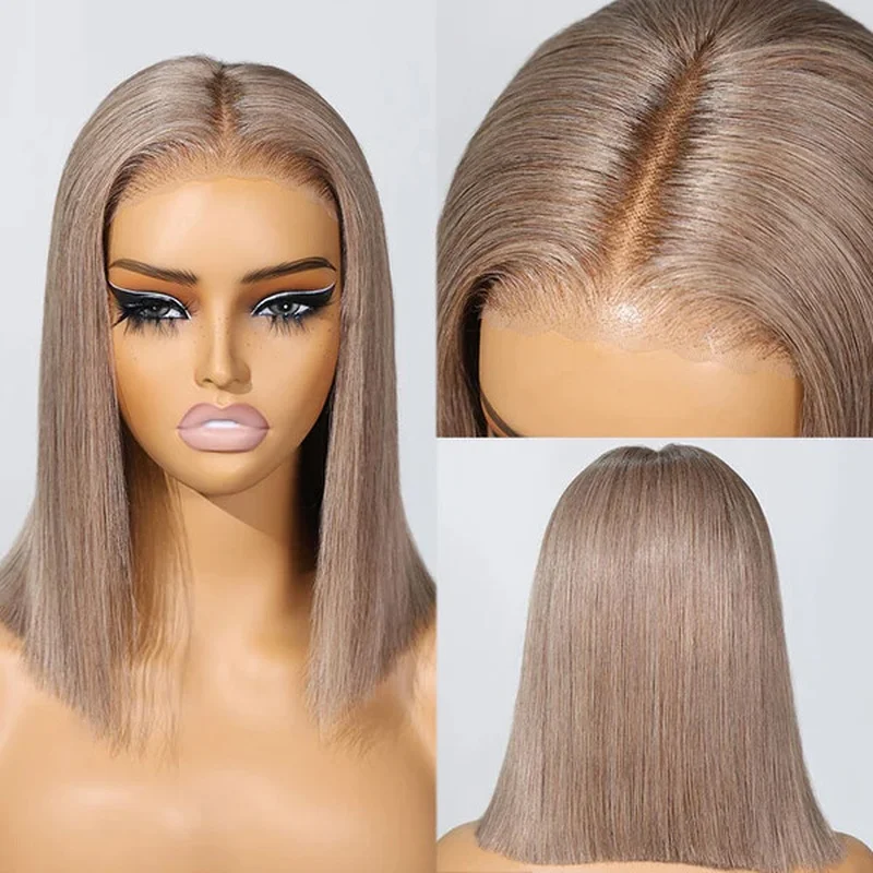 Short Light Ash Brown Wigs Human Hair Glueless Lace Front Wigs Pre Plucked