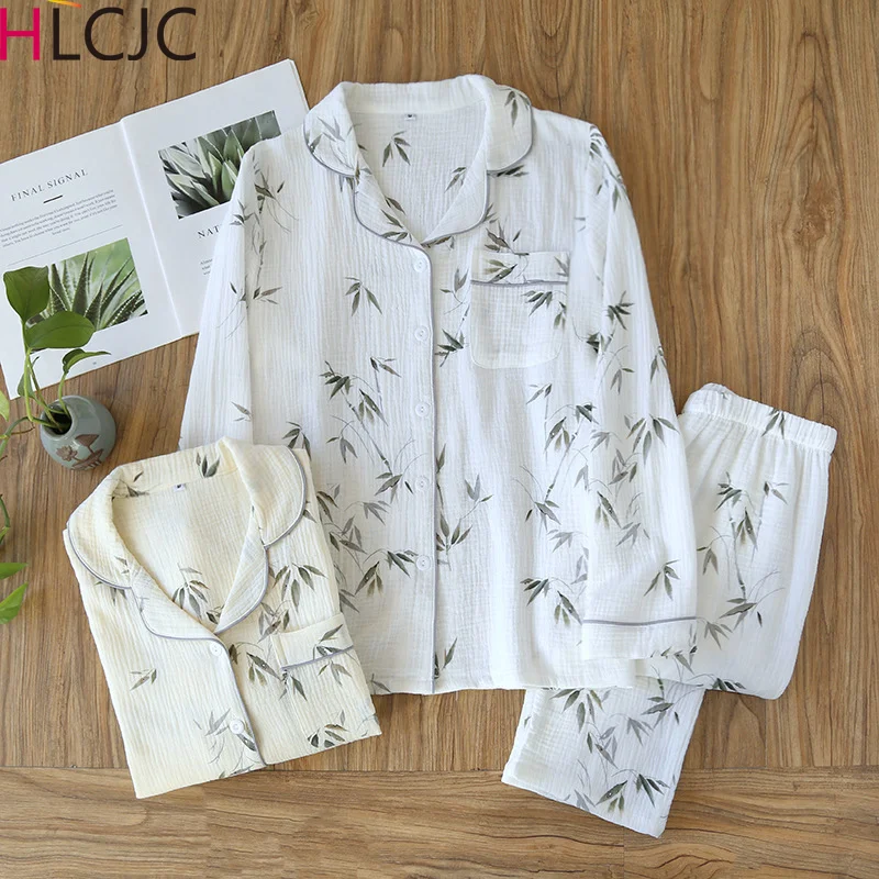 

2024 Big Size 2XL New Women's Pajama Set 100% Pure Cotton Crepe Bamboo Print Long Sleeve Lapel Sleepwear Two Piece Home Clothes