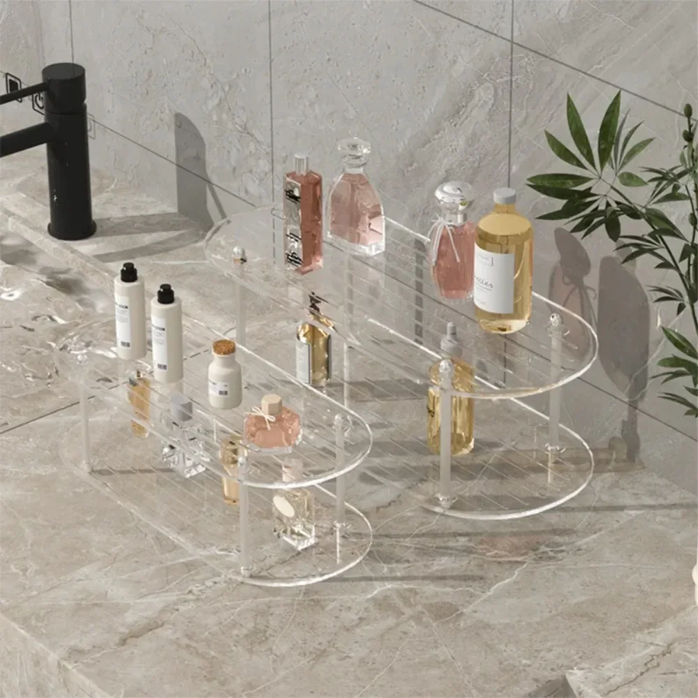

Двойная акриловая косметическая полка, прозрачная полка для туалетного столика для ванной комнаты, настольная полка для хранения средств по уходу за кожей, демонстрационная полка