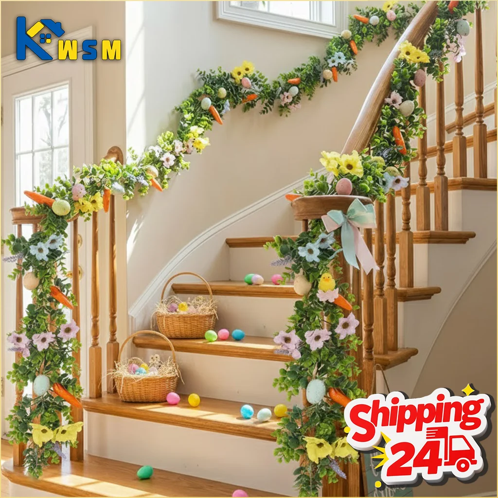

Artificial Easter Vine Garland with Colorful Eggs and Carrots Spring Home Decor for Mantel Door and Table Centerpiece