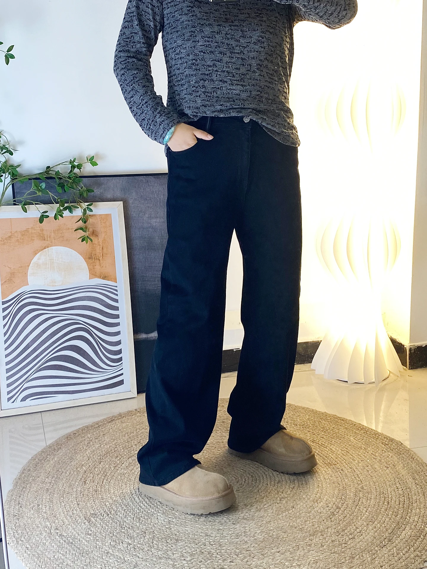 

Джинсы-буткат прямого кроя с флисовой подкладкой, высокой талией, из эластичного хлопкового денима, длинные брюки для женщин больших размеров