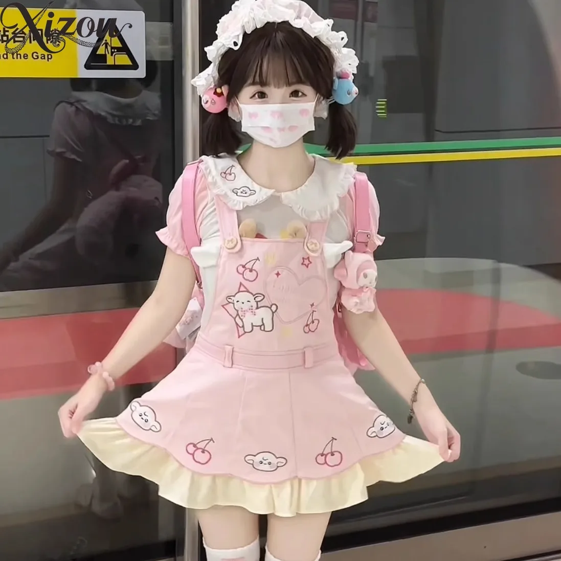 Conjunto de 3 piezas de pantalones con tirantes para niña, camiseta con cuello de marinero Kawaii, monos, Mini princesa de verano con volantes de encaje de conejito dulce 2025