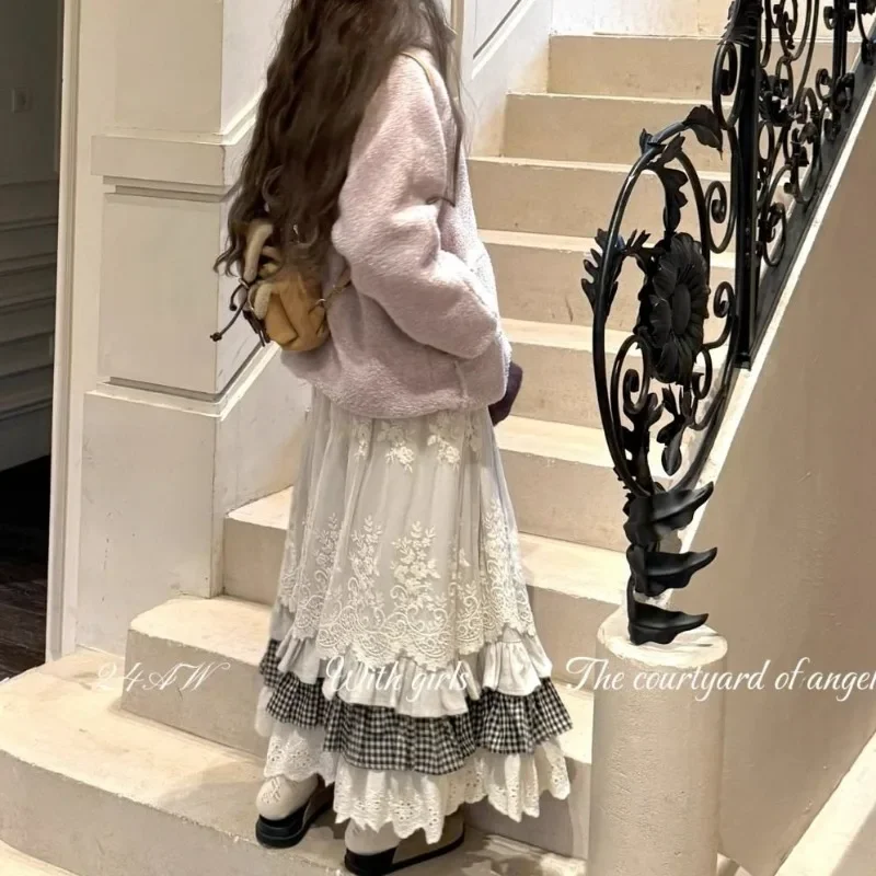 Women Sweet Vintage Mori Girl Style High Waist Splicing Plaid Long Skirt Winter New Korean Fashion Beige Lace Kawaii Maxi Skirts