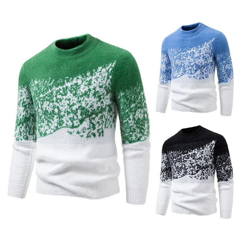 Men Crew Neck Color Block Gradient Knit Sweater Long Sleeve Contrast Jacquard Pullover Autumn Winter Soft Fuzzy Male Jumper