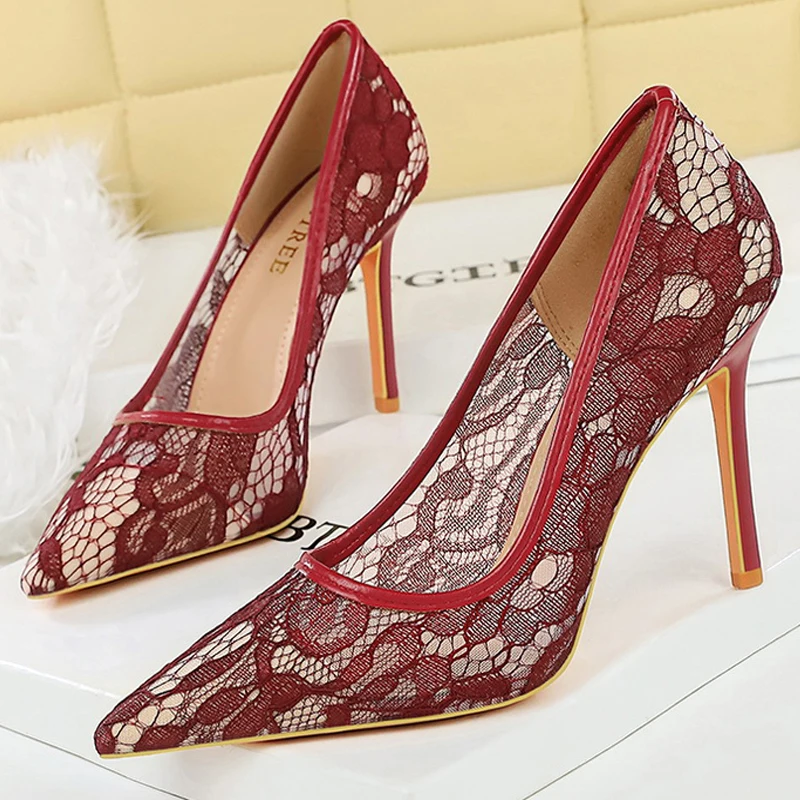 

BIGTREE New Fashion Design Lace Mesh Women Black Extreme Stiletto Heels Nightclub Sexy Party Banquet Shoes Size 43