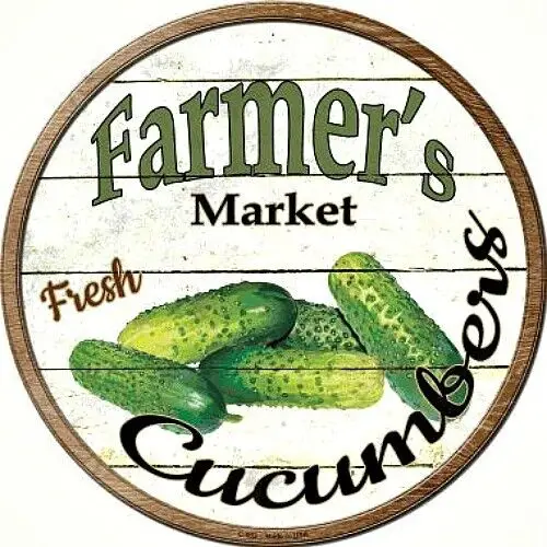 

Farmers Market Fresh Cucumbers 12" Round Metal Sign Rustic Retro Kitchen Decor