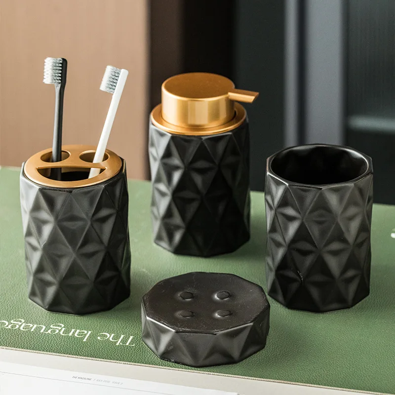 4pcs Ceramic Rhombic Bathroom Toiletry Set Home Ceramic Lotion Bottle Brush Tooth Cup Soap Dish Bathroom Decoration Accessories