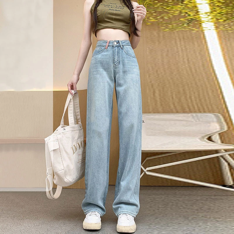 Smaller color collision high-waisted straight jeans women embroidery design tassel pockets loose trailing wide-leg pants