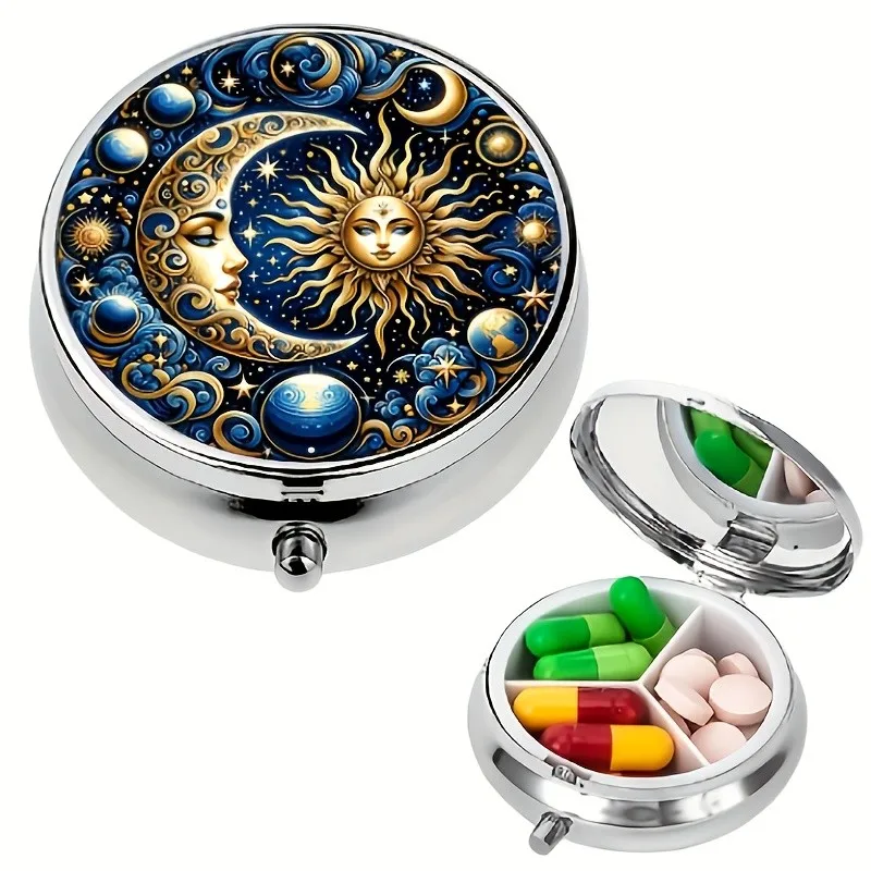Moon And Black Cat Themed Pill Box - Golden Round Portable Design, Small Travel Size, Suitable for Wallet Or Pocket Storage