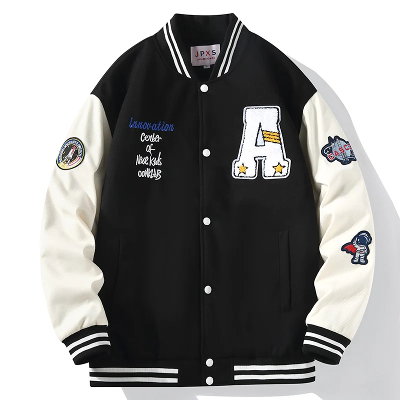 

Thiened Cotton Baseball Jaet for Men Youth Student Embroidered Patchwork Warm Faion Outerwear Casual Loose Fit Sle