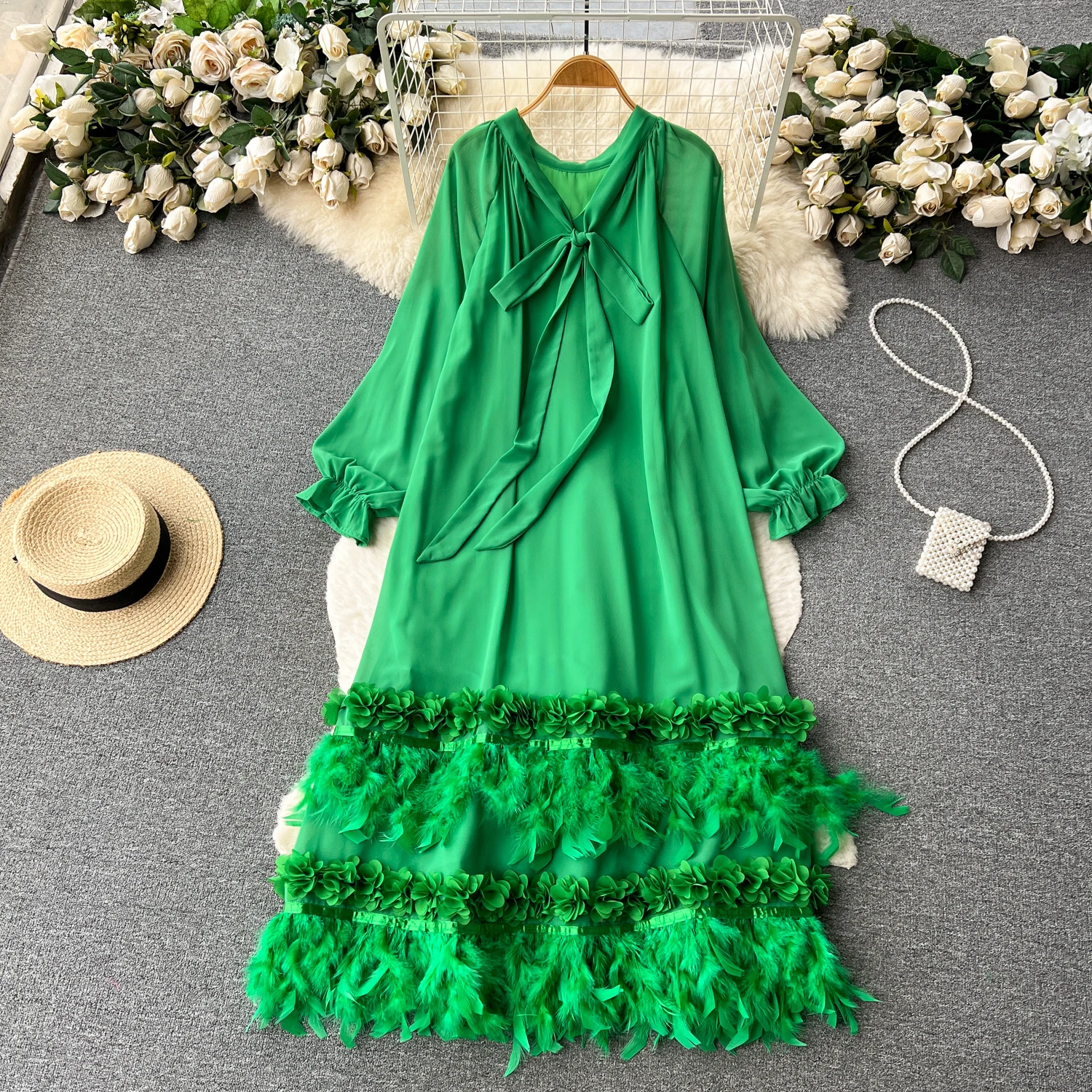 

Vintage Elegant Lace Up Feather Tassel Dress Chic A-line Korean Fashion Spring Autumn Long Sleeve Vestidos Women Dresses