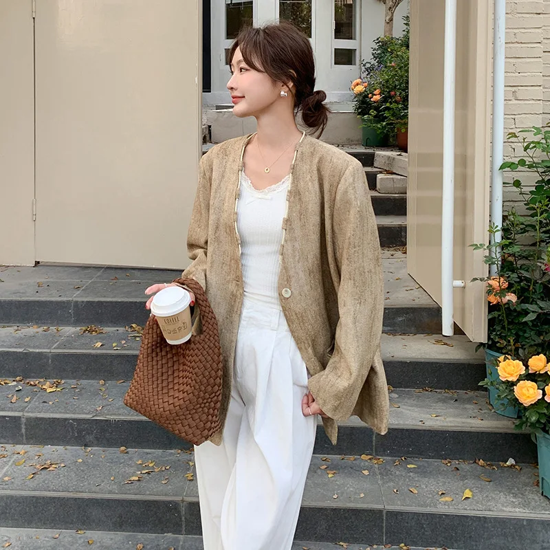 EAEOVNI Vintage V-hals Blazer Jas Vrouwen Kaki Tie Dye Ontwerp Knop Losse Jas Kantoor Dame 2025, Nieuwe Kleding Temperament