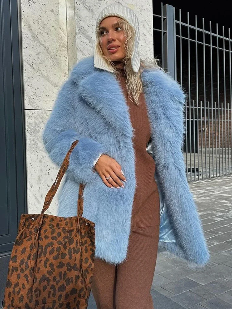 

2025 Winter Women‘s Luxury Faux Fur Coat, Mid-Length Soft Fluffy Lapel Jacket, Warm Furry Outerwear Coats
