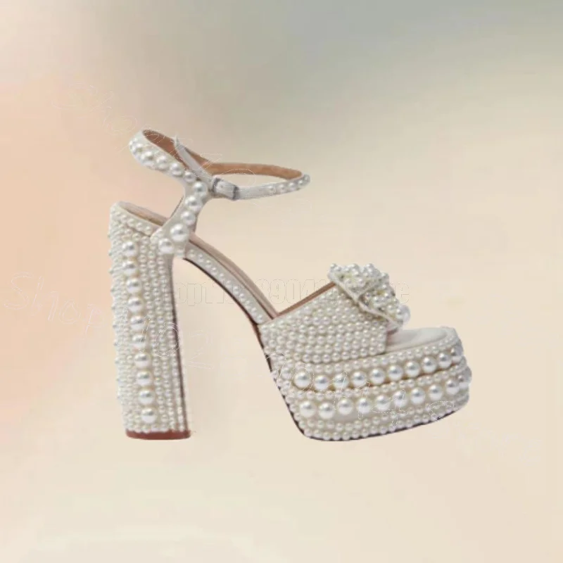 

White Pearl Bow Knot Open Toe Platform Sandals Buckle Strap Women Shoes Chunky High Heels Party Dating 2025 Zapatos Para Mujere