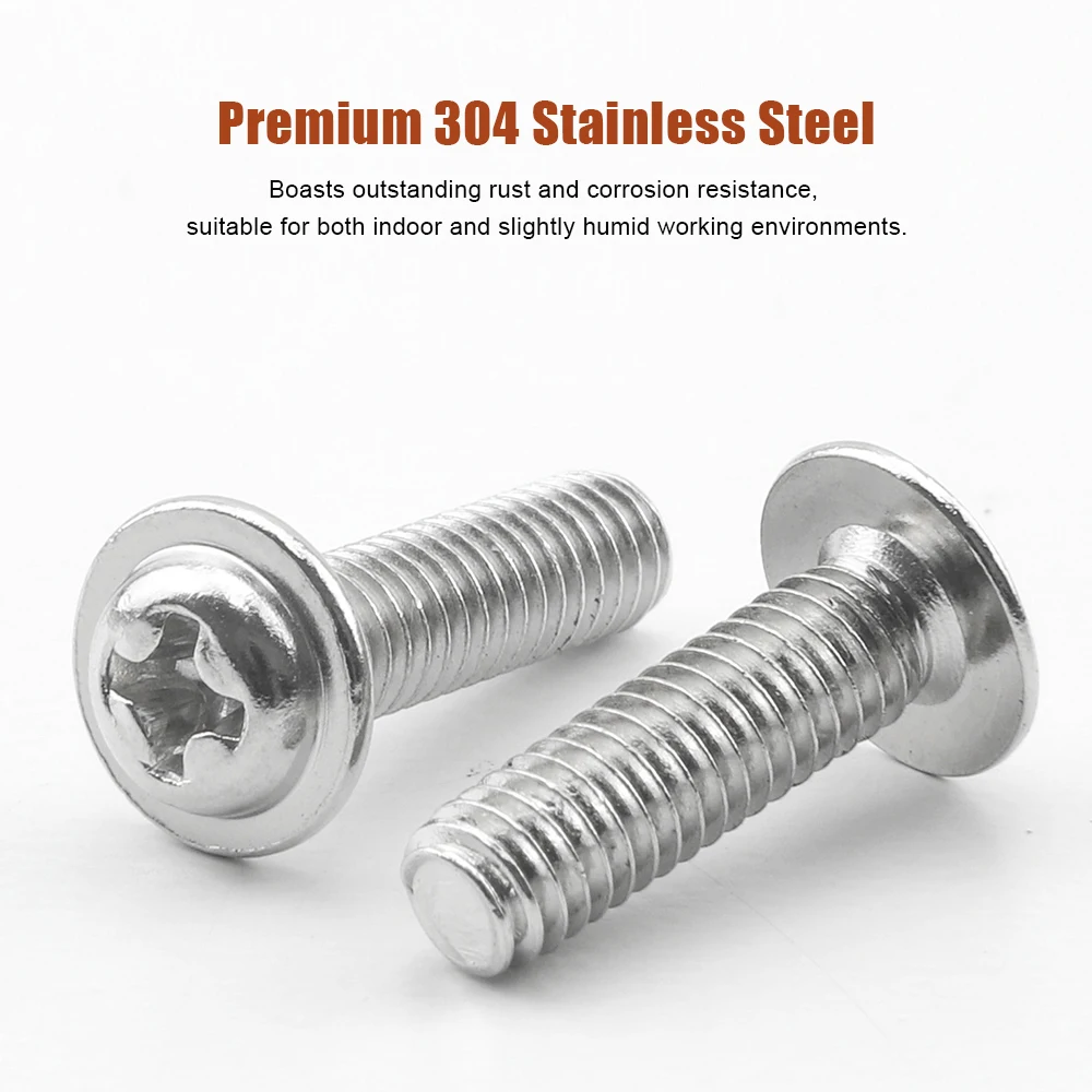 M1.4 M1.6 M2 M2.5 M3 M4 M5 M6 Cross Round Head Machine Screws with Washer 304 Stainless Steel Phillips Pan head Padded Screws