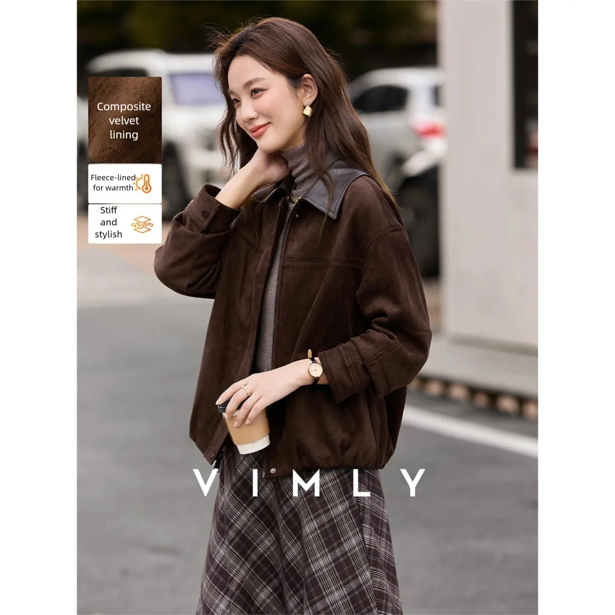 VIMLY 빈티지 여성 재킷 2025 브라운 플리스 안감 스플라이싱 가죽 칼라 코트 두꺼운 따뜻한 여성 겨울 의류 A3529
