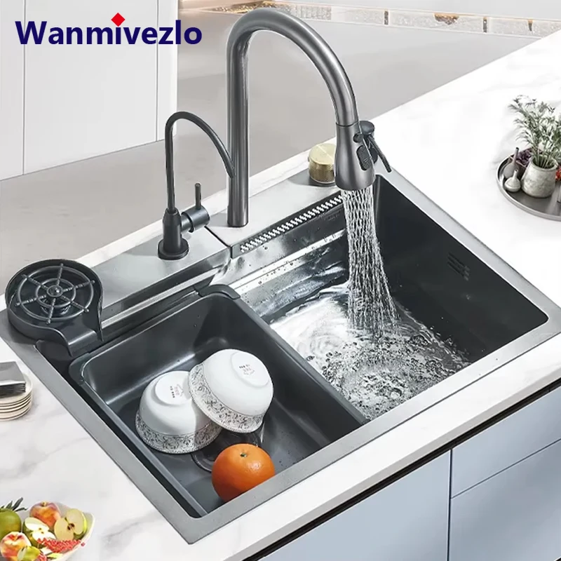 Évier de cuisine, évier de travail en acier inoxydable 304 avec robinet pulvérisateur extractible, rince-verres et robinet d'eau potable