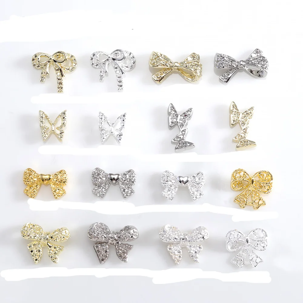 20pcs Silver Gold Metal Butterfly Nail Art Charm 3D Alloy Bowknot Ribbon Butterflies Nail Jewelry DIY Bows Nail Accessories